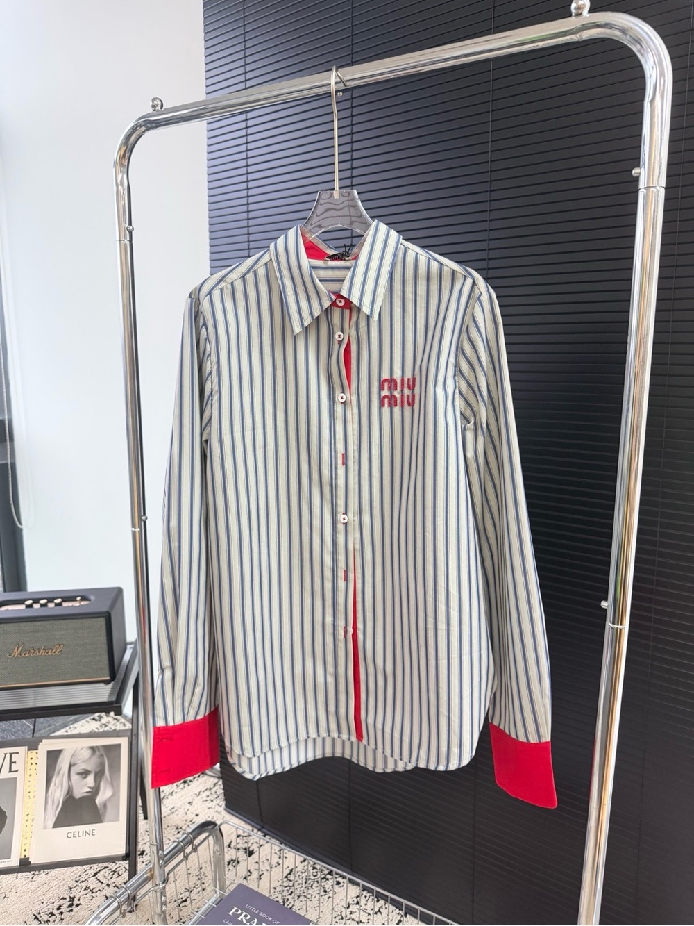Miu Miu White Shirt with Blue Stripes and Red Accents